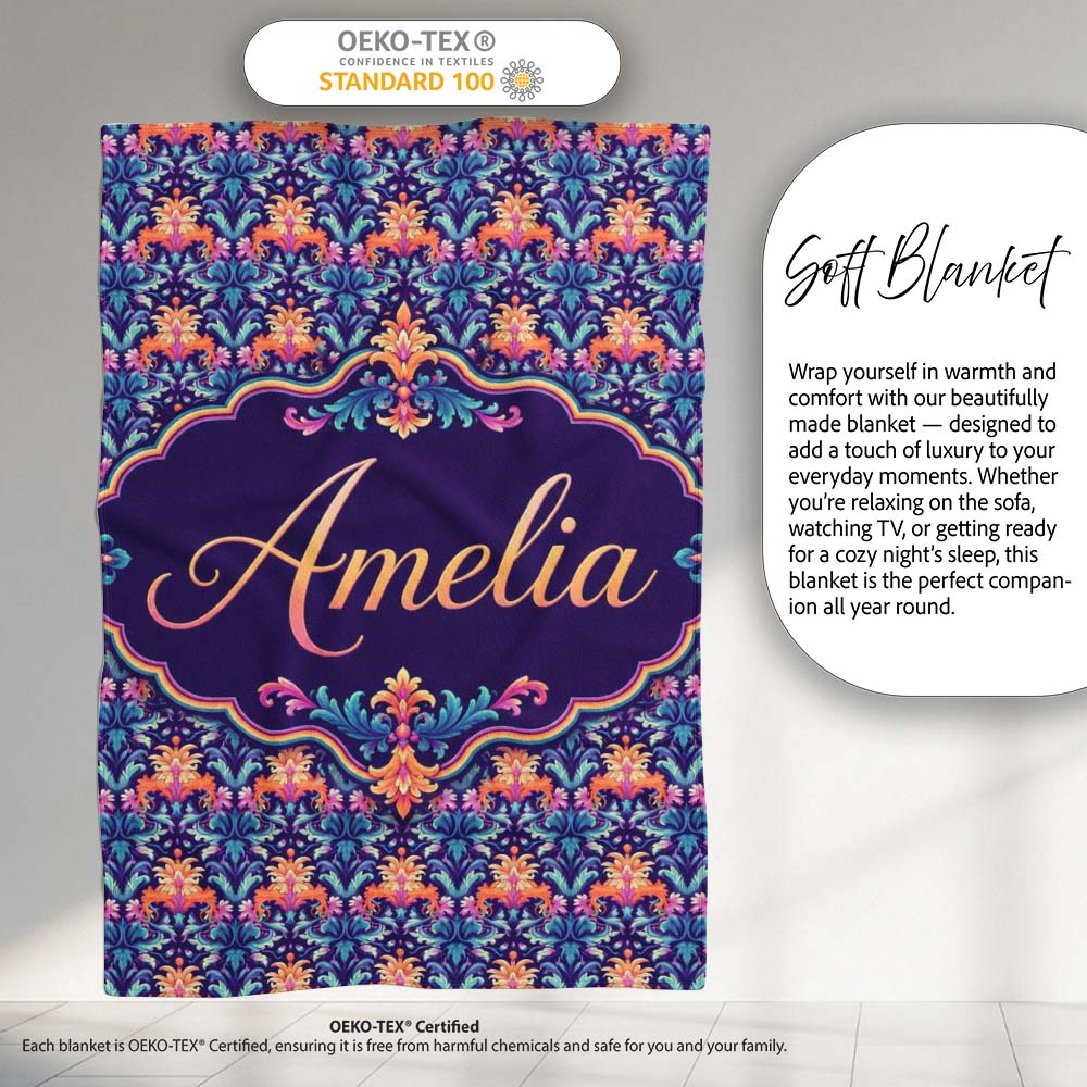Vibrant Ornate Floral Damask with Bold Orange and Teal Seamless Personalised Custom Name Super Soft Fleece Blanket Bed Sofa Throw