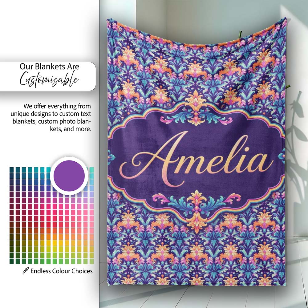 Vibrant Ornate Floral Damask with Bold Orange and Teal Seamless Personalised Custom Name Super Soft Fleece Blanket Bed Sofa Throw