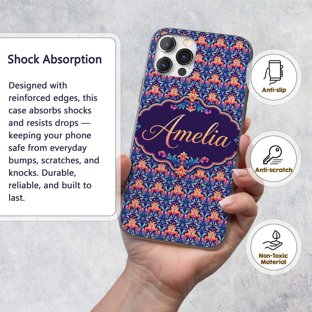 Vibrant Ornate Floral Damask with Bold Orange and Custom Name Protective Phone Case Mobile Cover Durable Everyday Smartphone Shock Resistant