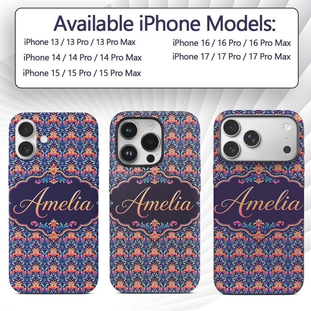 Vibrant Ornate Floral Damask with Bold Orange and Custom Name Protective Phone Case Mobile Cover Durable Everyday Smartphone Shock Resistant