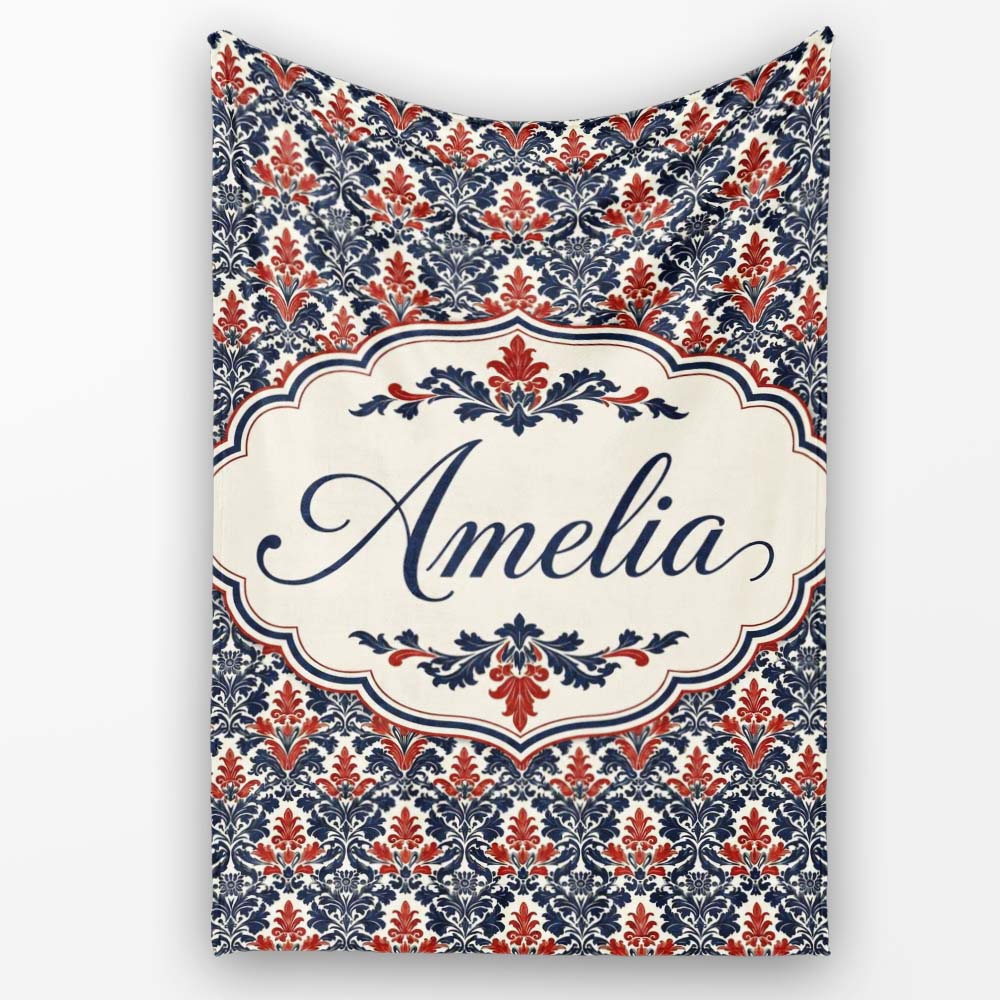 Classic Red and Navy Floral Damask Ornamental Seamless Pattern Personalised Custom Name Super Soft Fleece Blanket Bed Sofa Throw