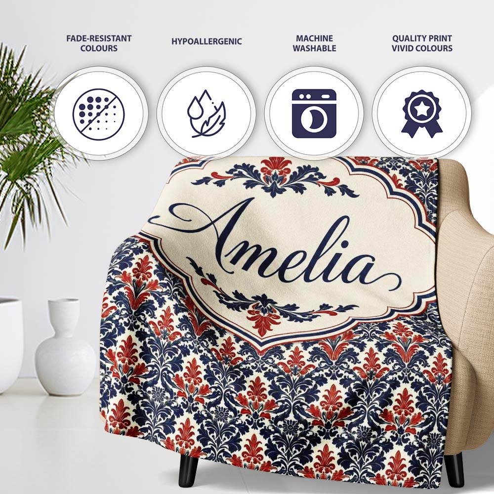 Classic Red and Navy Floral Damask Ornamental Seamless Pattern Personalised Custom Name Super Soft Fleece Blanket Bed Sofa Throw