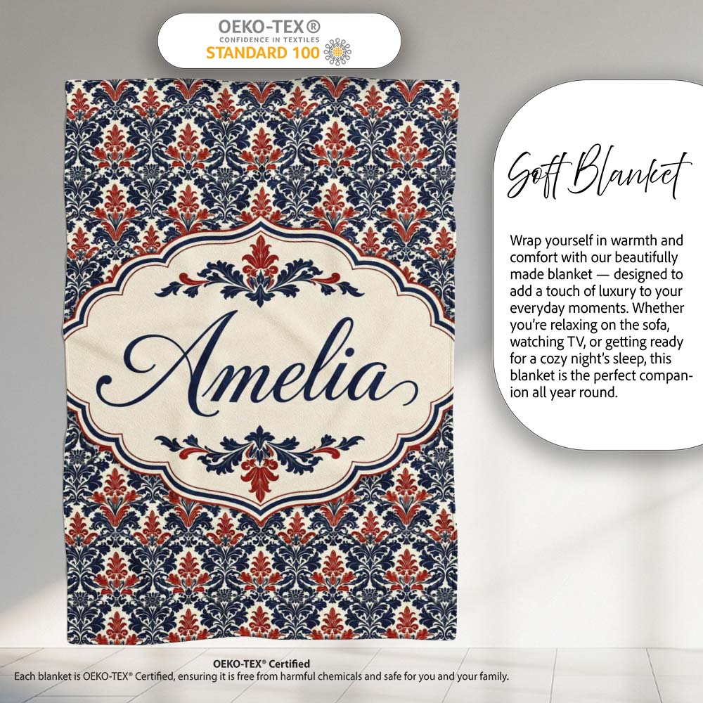 Classic Red and Navy Floral Damask Ornamental Seamless Pattern Personalised Custom Name Super Soft Fleece Blanket Bed Sofa Throw