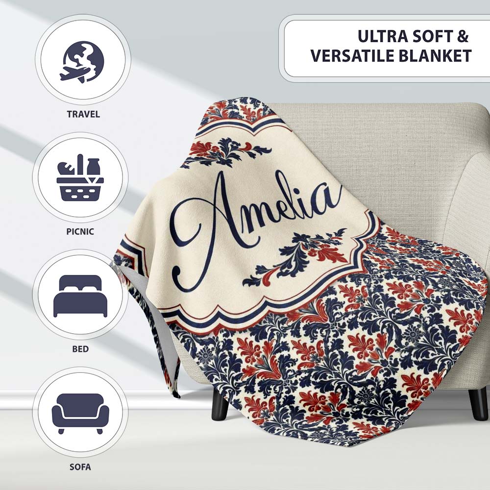Classic Red and Navy Floral Damask Ornamental Seamless Pattern Personalised Custom Name Super Soft Fleece Blanket Bed Sofa Throw