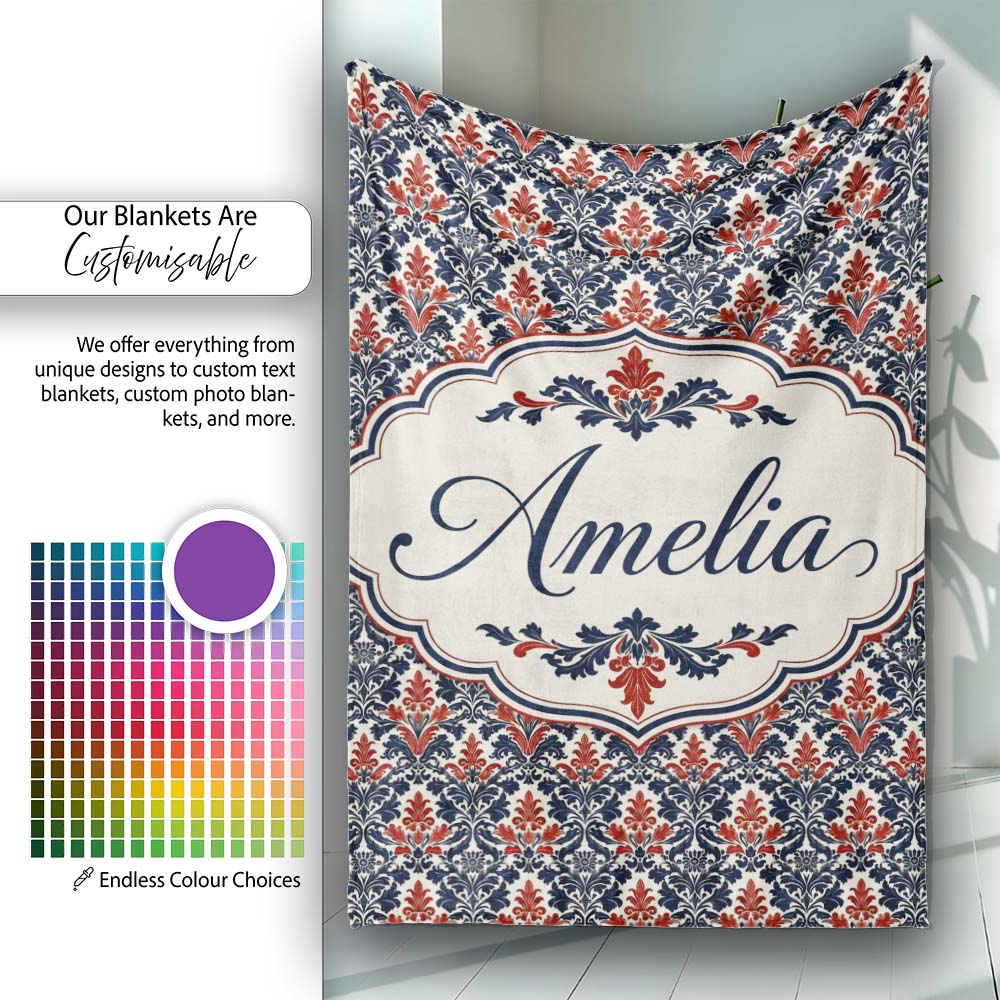 Classic Red and Navy Floral Damask Ornamental Seamless Pattern Personalised Custom Name Super Soft Fleece Blanket Bed Sofa Throw