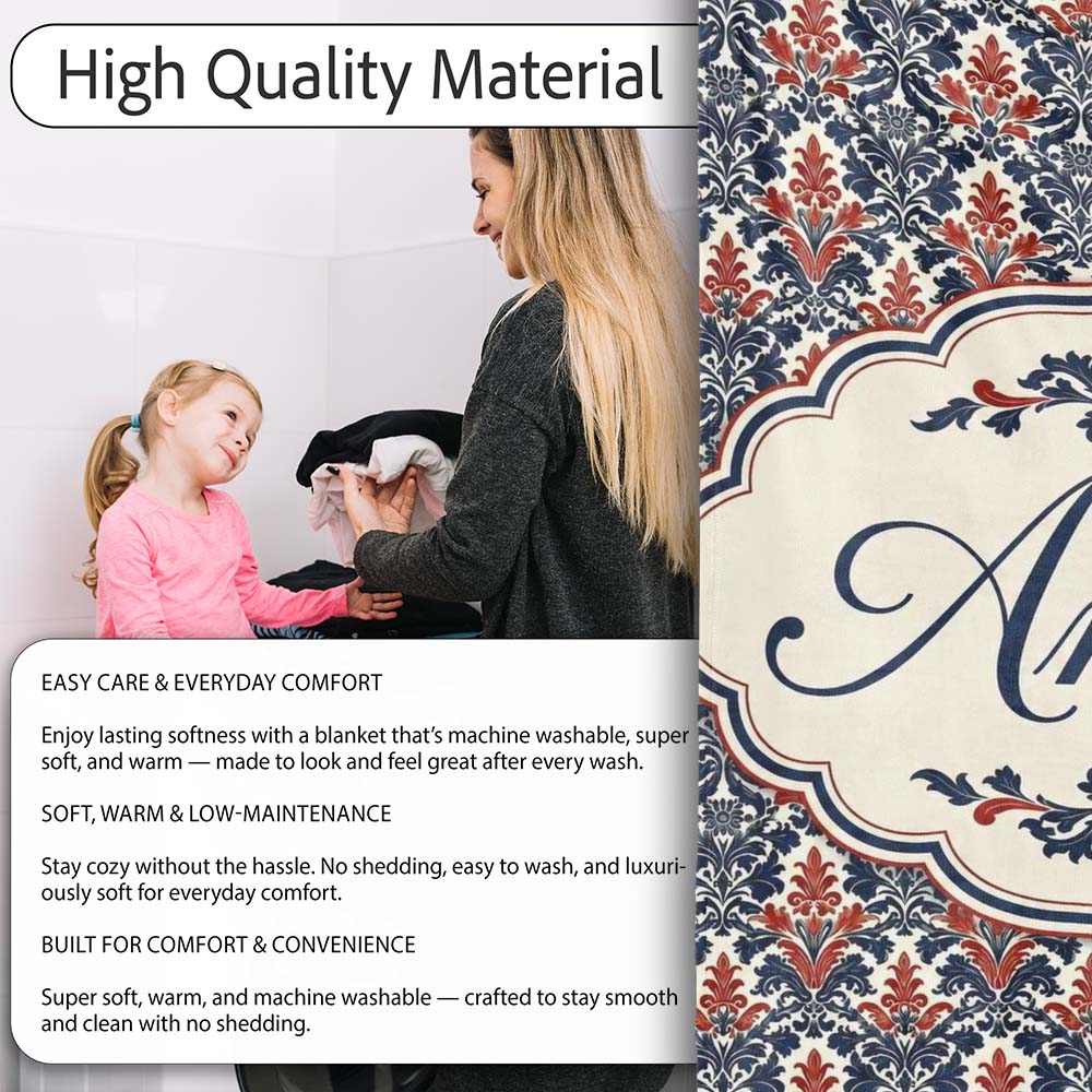 Classic Red and Navy Floral Damask Ornamental Seamless Pattern Personalised Custom Name Super Soft Fleece Blanket Bed Sofa Throw