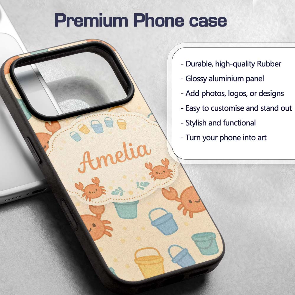 Cute Crab Bucket Beach Cartoon Animal Pattern Custom Name Protective Phone Case Mobile Cover Durable Everyday Smartphone Shock Resistant