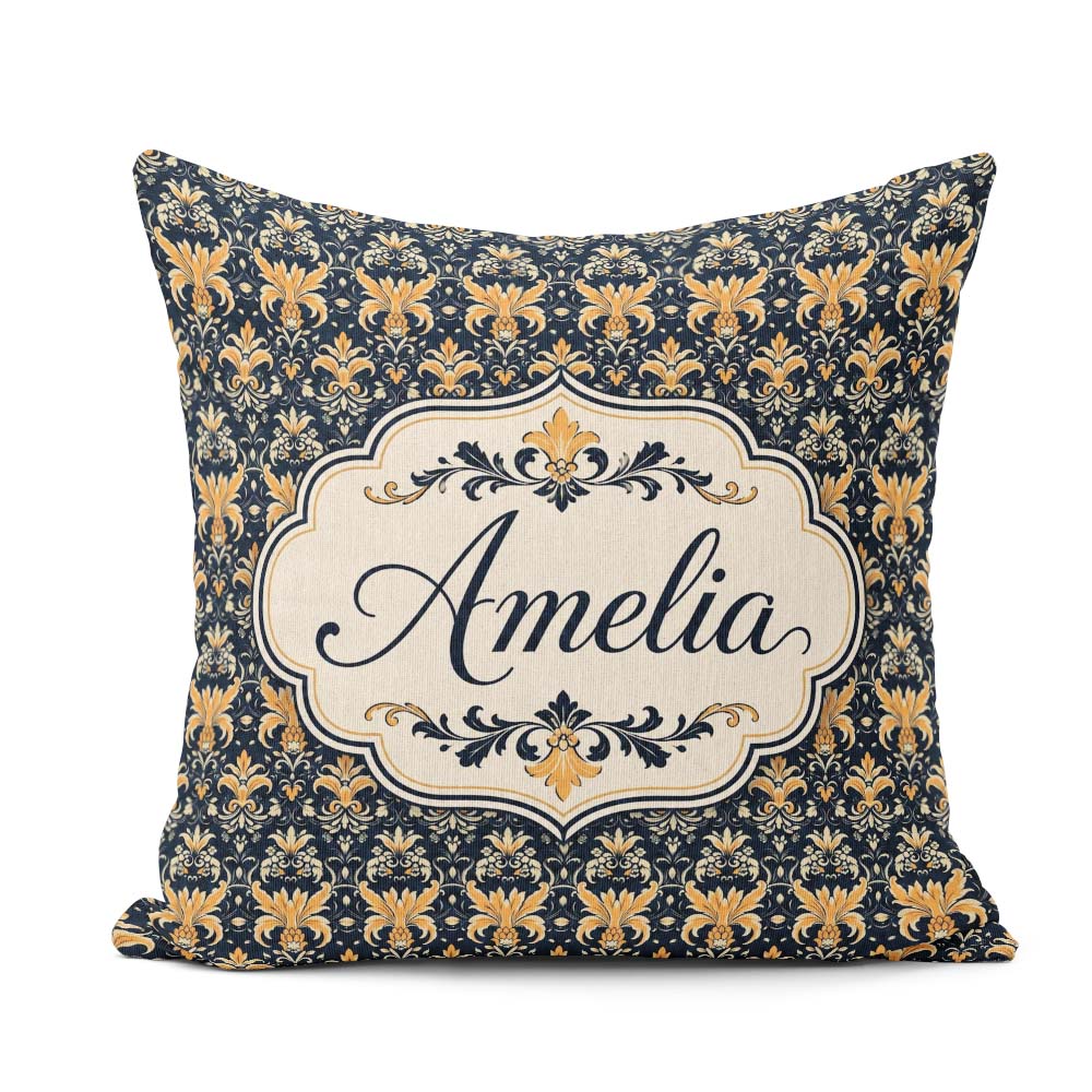 Custom Name Luxurious Gold Floral Damask on Deep Navy Background Square Filled Cushion Throw Pillow Sofa Bed Home Decor Zip Washable UK Made