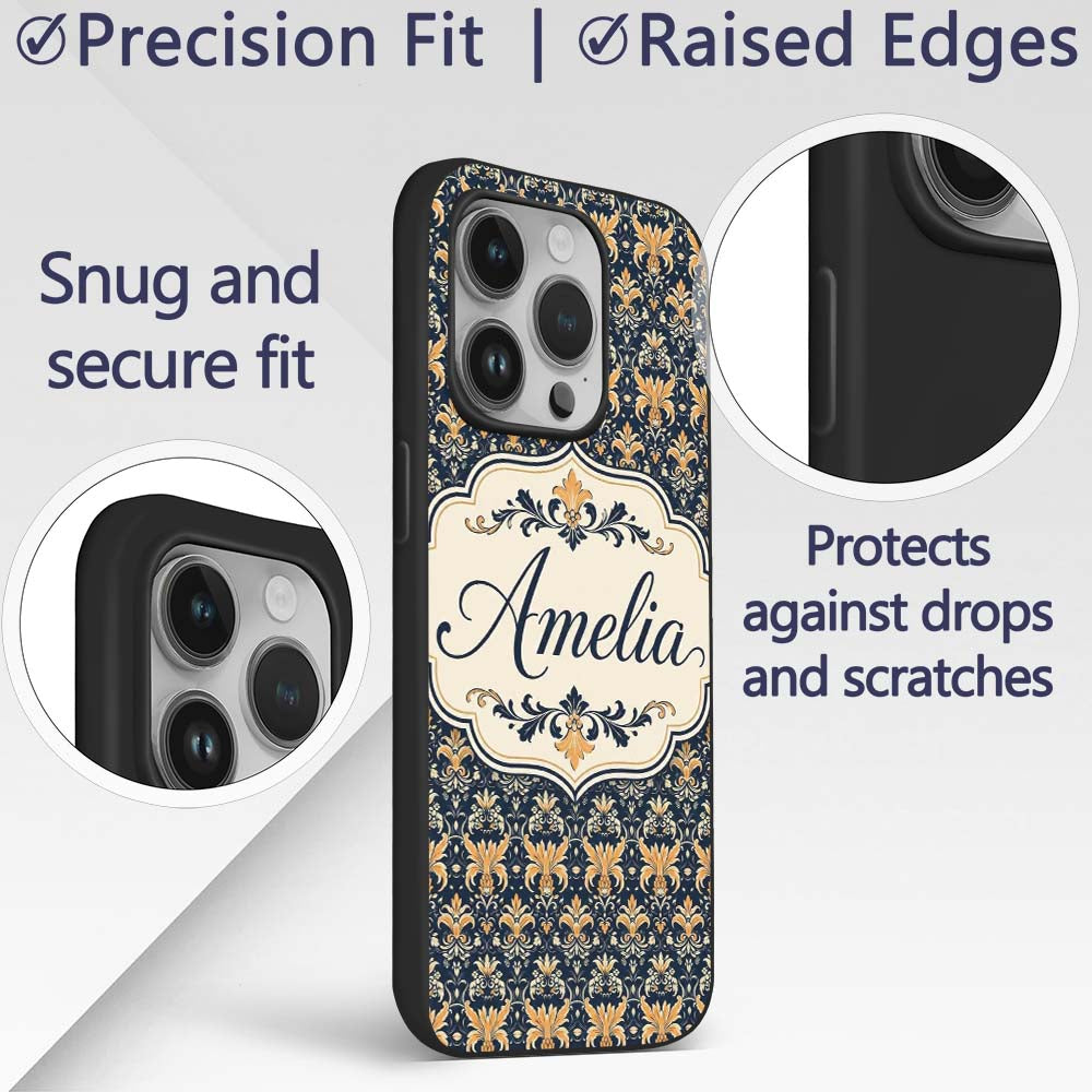 Luxurious Gold Floral Damask on Printed Design Custom Name Protective Phone Case Mobile Cover Durable Everyday Smartphone Shock Resistant