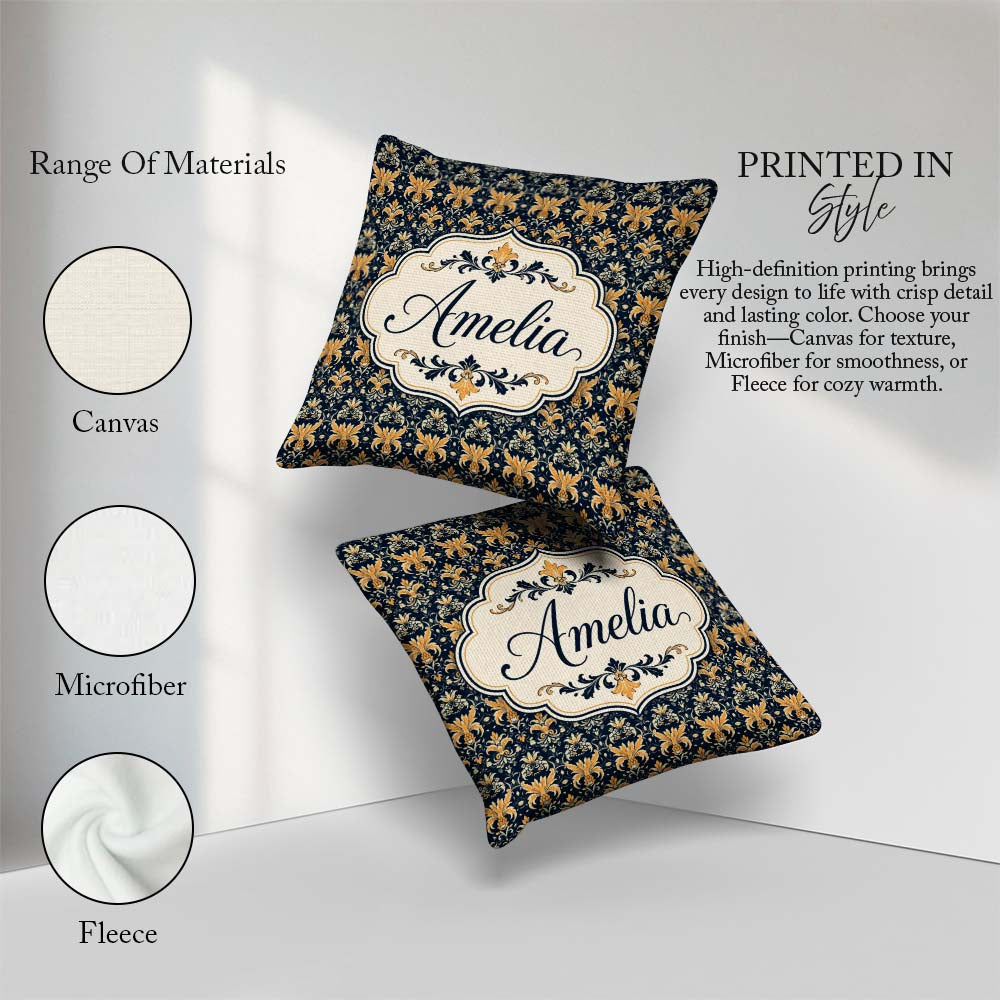 Custom Name Luxurious Gold Floral Damask on Deep Navy Background Square Filled Cushion Throw Pillow Sofa Bed Home Decor Zip Washable UK Made