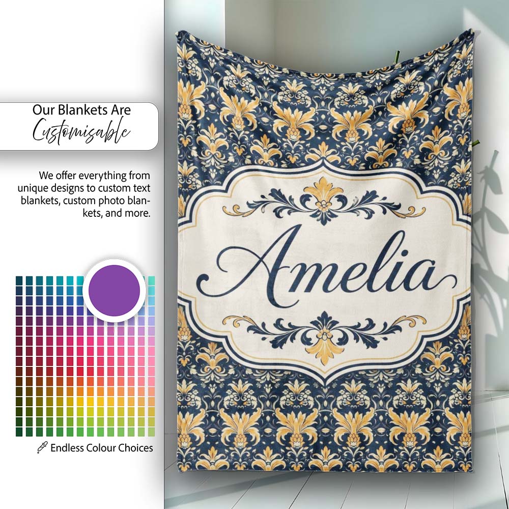 Luxurious Gold Floral Damask on Deep Navy Background Seamless Lovely Personalised Custom Name Super Soft Fleece Blanket Bed Sofa Throw