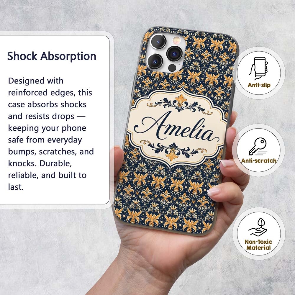 Luxurious Gold Floral Damask on Printed Design Custom Name Protective Phone Case Mobile Cover Durable Everyday Smartphone Shock Resistant