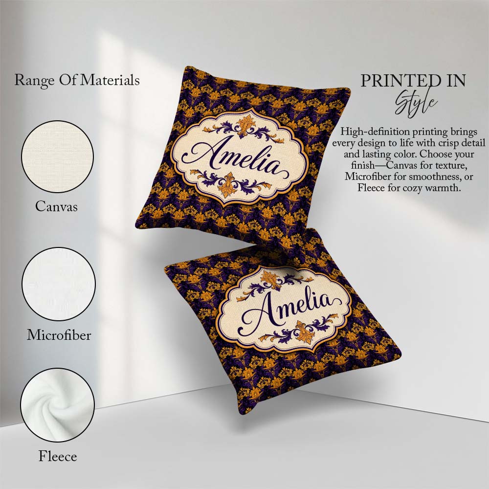 Custom Name Luxurious Purple Gold Ornate Floral Seamless Pattern Square Filled Cushion Throw Pillow Sofa Bed Home Decor Zip Washable UK Made