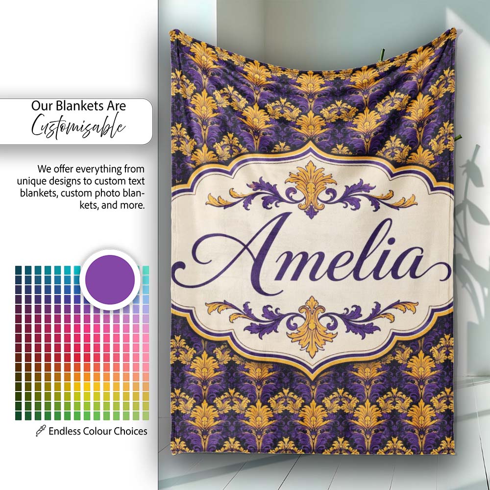 Luxurious Purple and Gold Ornate Floral Damask Seamless Pattern Personalised Custom Name Super Soft Fleece Blanket Bed Sofa Throw