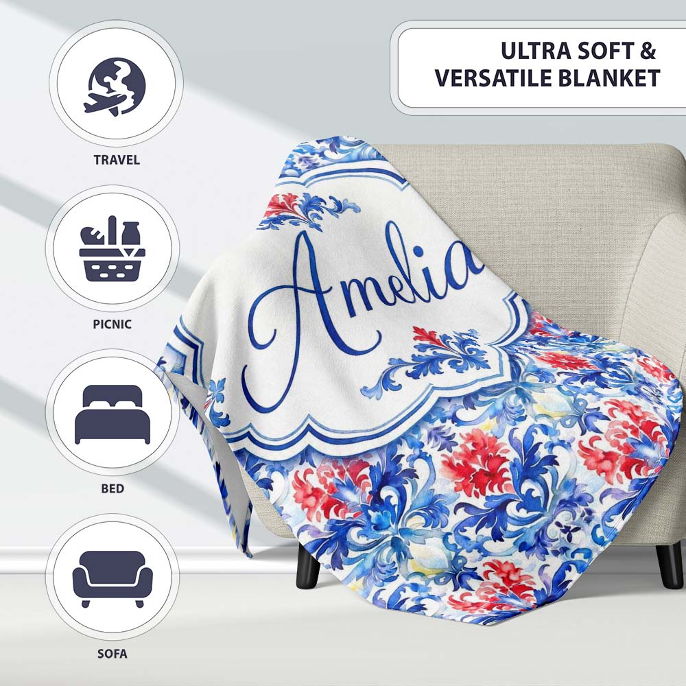 Elegant Blue and Red Watercolor Floral Damask Seamless Pattern Personalised Custom Name Super Soft Fleece Blanket Bed Sofa Throw