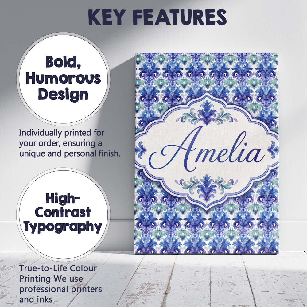 Personalised Name Cool Blue and Teal Custom Premium Decorative Design Modern Room Accent Canvas Wall Art Print Decor Picture Ready to Hang