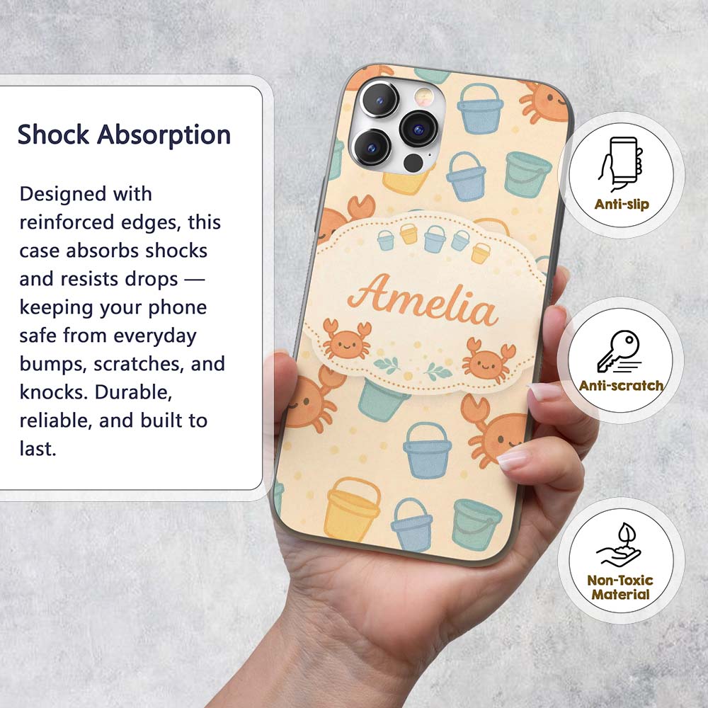 Cute Crab Bucket Beach Cartoon Animal Pattern Custom Name Protective Phone Case Mobile Cover Durable Everyday Smartphone Shock Resistant