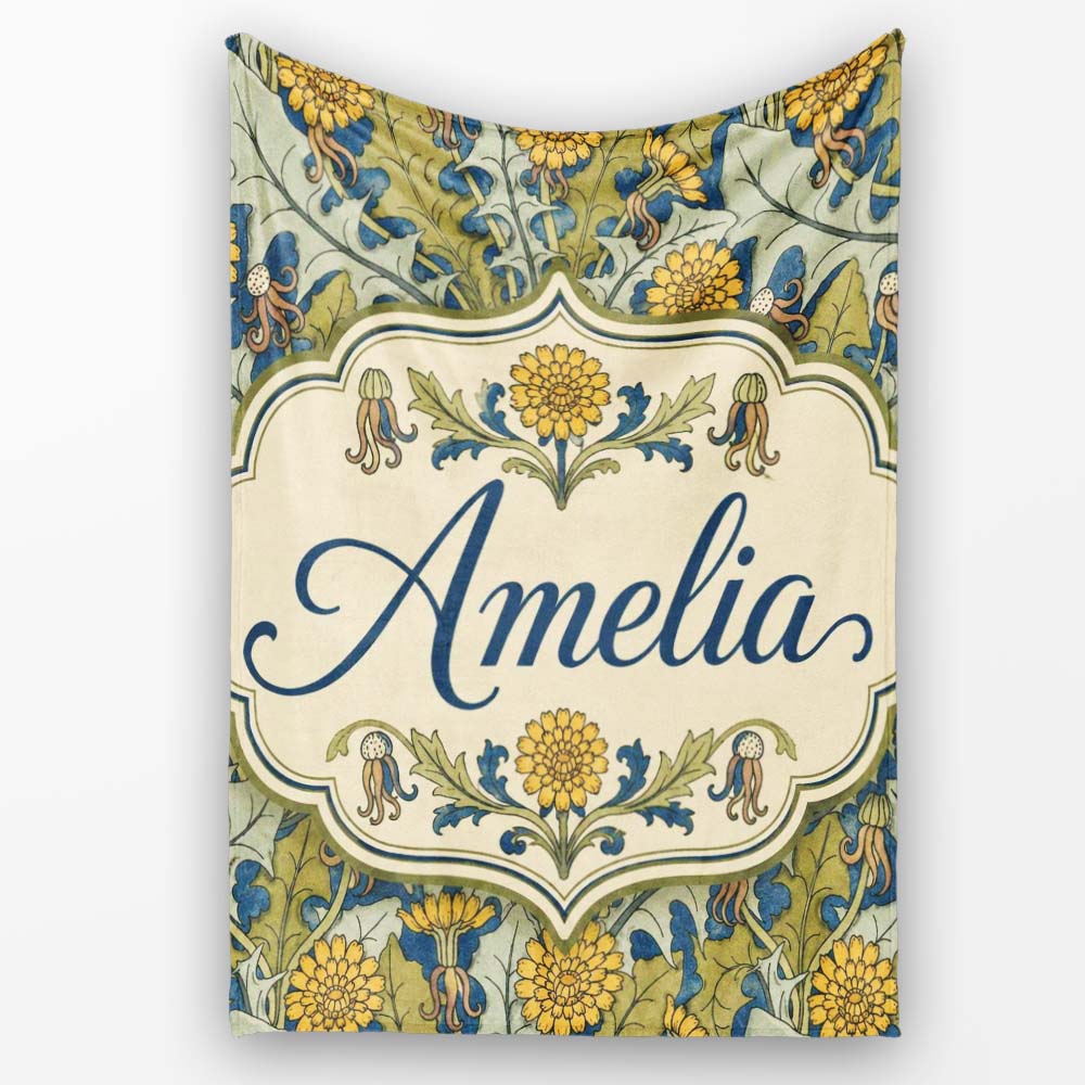 Classic Arts and Crafts Yellow Floral with Green Leaves Seamless Personalised Custom Name Super Soft Fleece Blanket Bed Sofa Throw