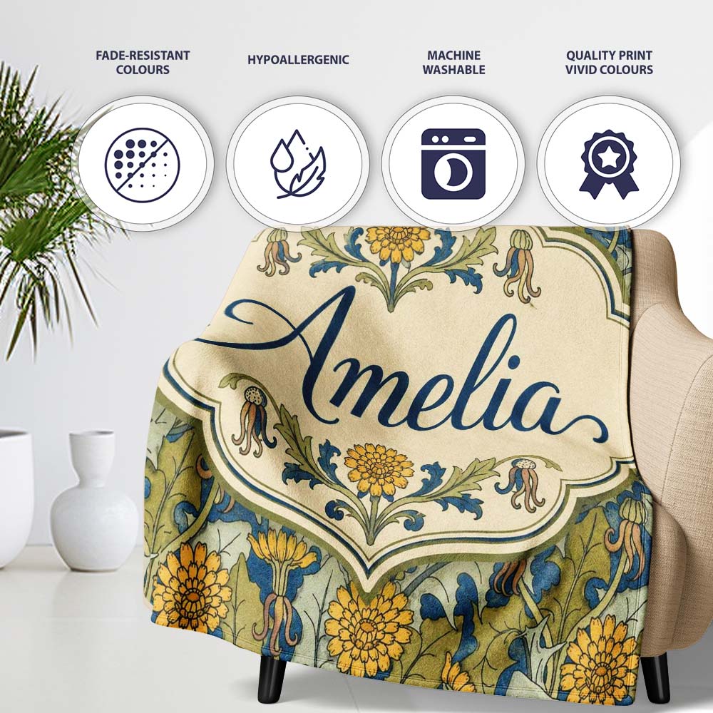 Classic Arts and Crafts Yellow Floral with Green Leaves Seamless Personalised Custom Name Super Soft Fleece Blanket Bed Sofa Throw