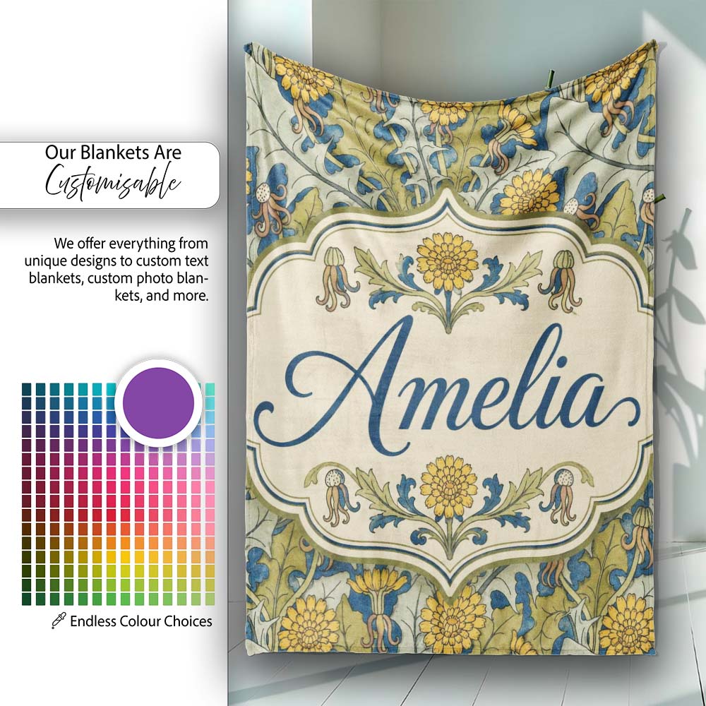 Classic Arts and Crafts Yellow Floral with Green Leaves Seamless Personalised Custom Name Super Soft Fleece Blanket Bed Sofa Throw