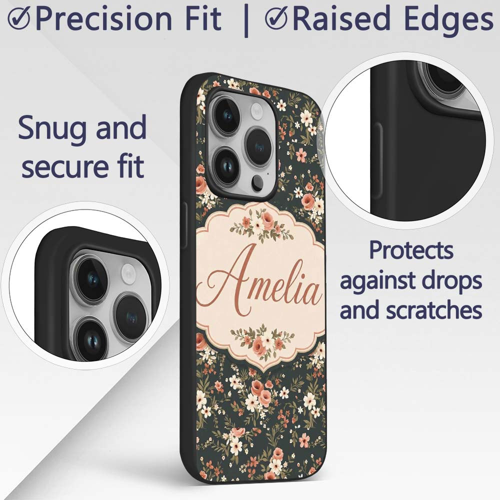 Delicate Peach and White Floral Bouquet on Dark Custom Name Protective Phone Case Mobile Cover Durable Everyday Smartphone Shock Resistant