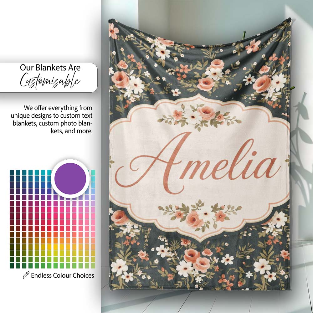 Delicate Peach and White Floral Bouquet on Dark Background Seamless Personalised Custom Name Super Soft Fleece Blanket Bed Sofa Throw