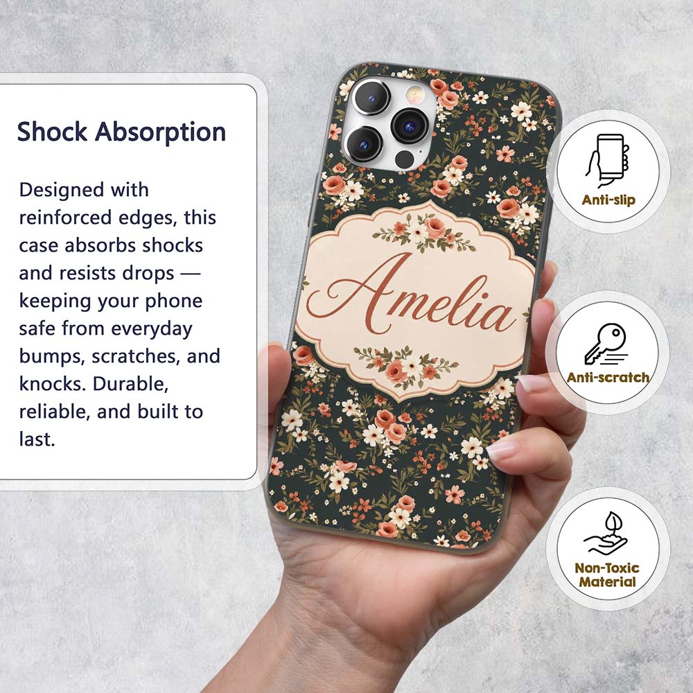 Delicate Peach and White Floral Bouquet on Dark Custom Name Protective Phone Case Mobile Cover Durable Everyday Smartphone Shock Resistant