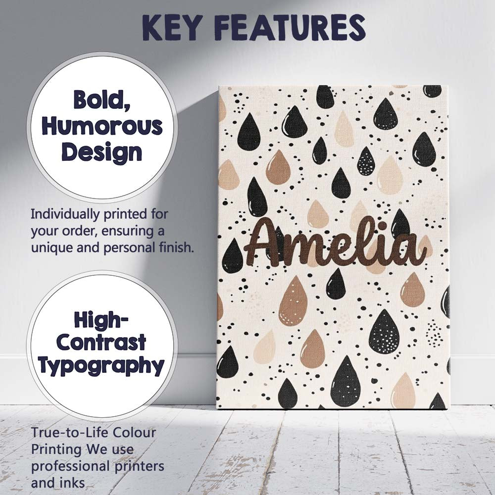 Personalised Name Scattered Paint Droplets Black Beige Abstract Spot Custom Home Canvas Wall Art Print Decor Picture Ready to Hang