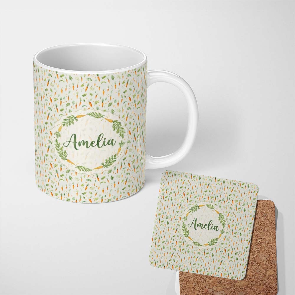 Personalized Custom Name Delicate Watercolor Carrot and Herb Botanical Seamless Pattern Light 11oz Ceramic Coffee Tea Mug White Large Handle