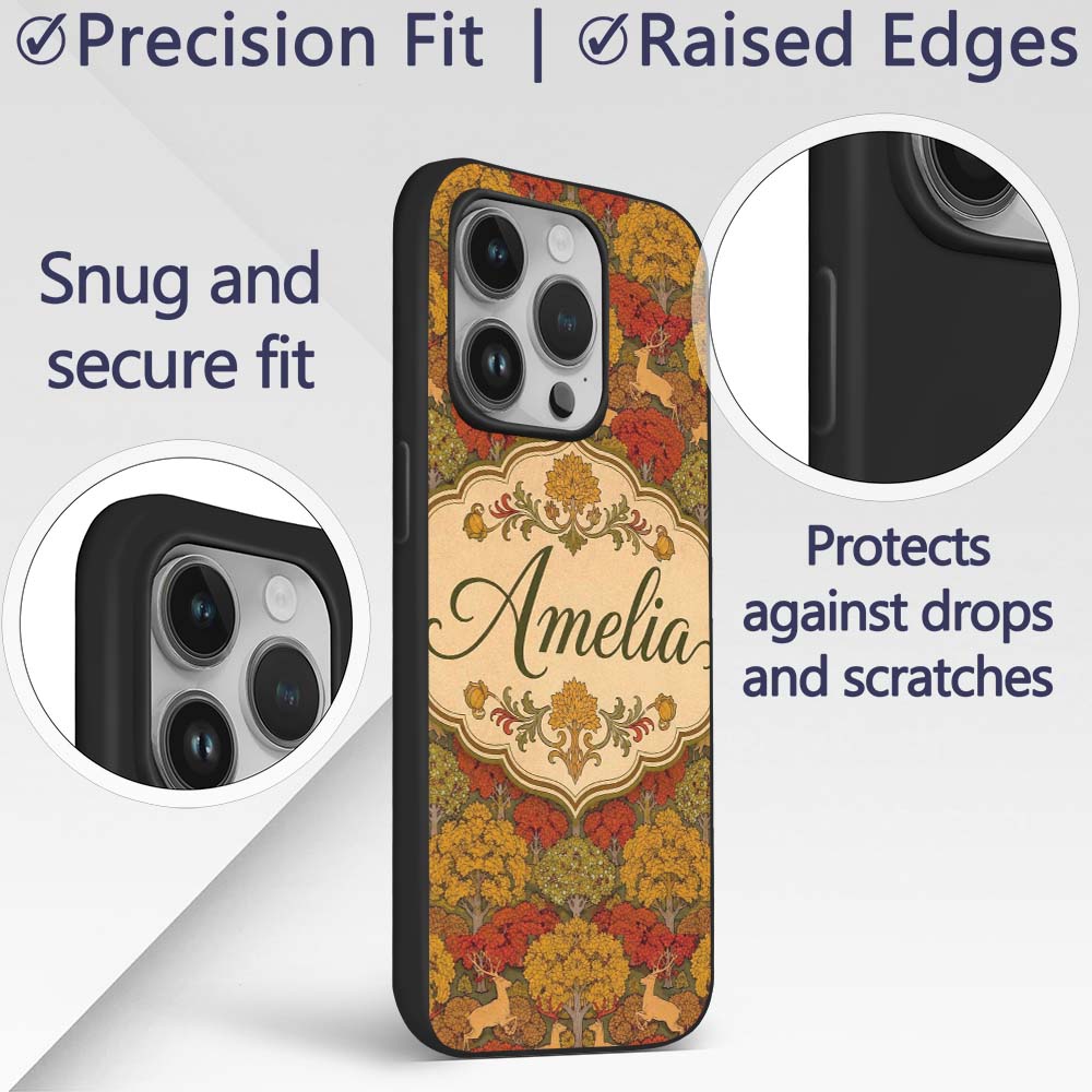 Autumn Forest Deer with Golden Trees Woodland Custom Name Protective Phone Case Mobile Cover Durable Everyday Smartphone Shock Resistant