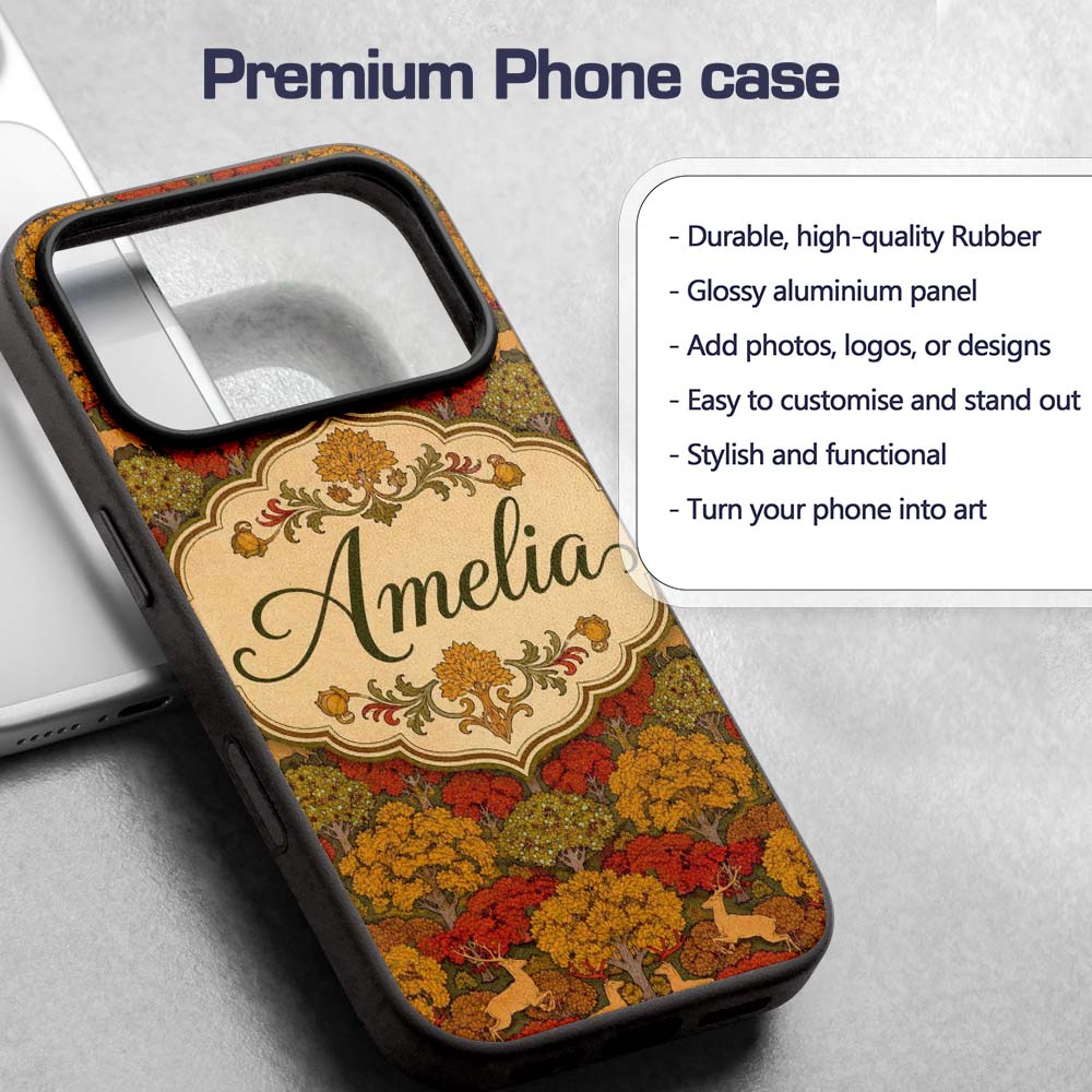 Autumn Forest Deer with Golden Trees Woodland Custom Name Protective Phone Case Mobile Cover Durable Everyday Smartphone Shock Resistant