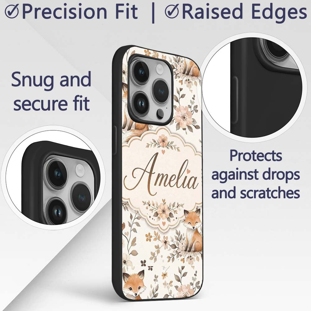 Cute Watercolor Fox with Floral Leaves Seamless Custom Name Protective Phone Case Mobile Cover Durable Everyday Smartphone Shock Resistant