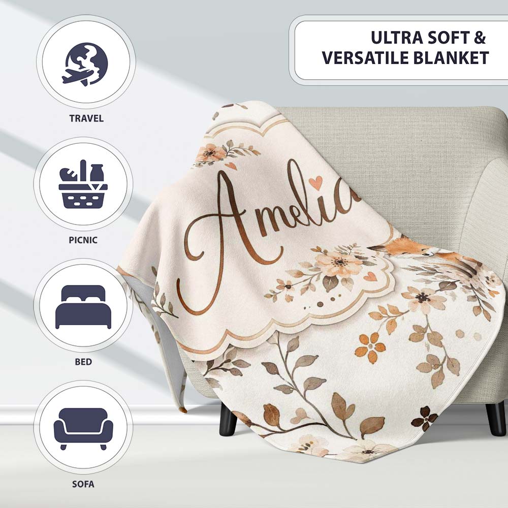 Cute Watercolor Fox with Floral Leaves Seamless Pattern Lovely Personalised Custom Name Super Soft Fleece Blanket Bed Sofa Throw