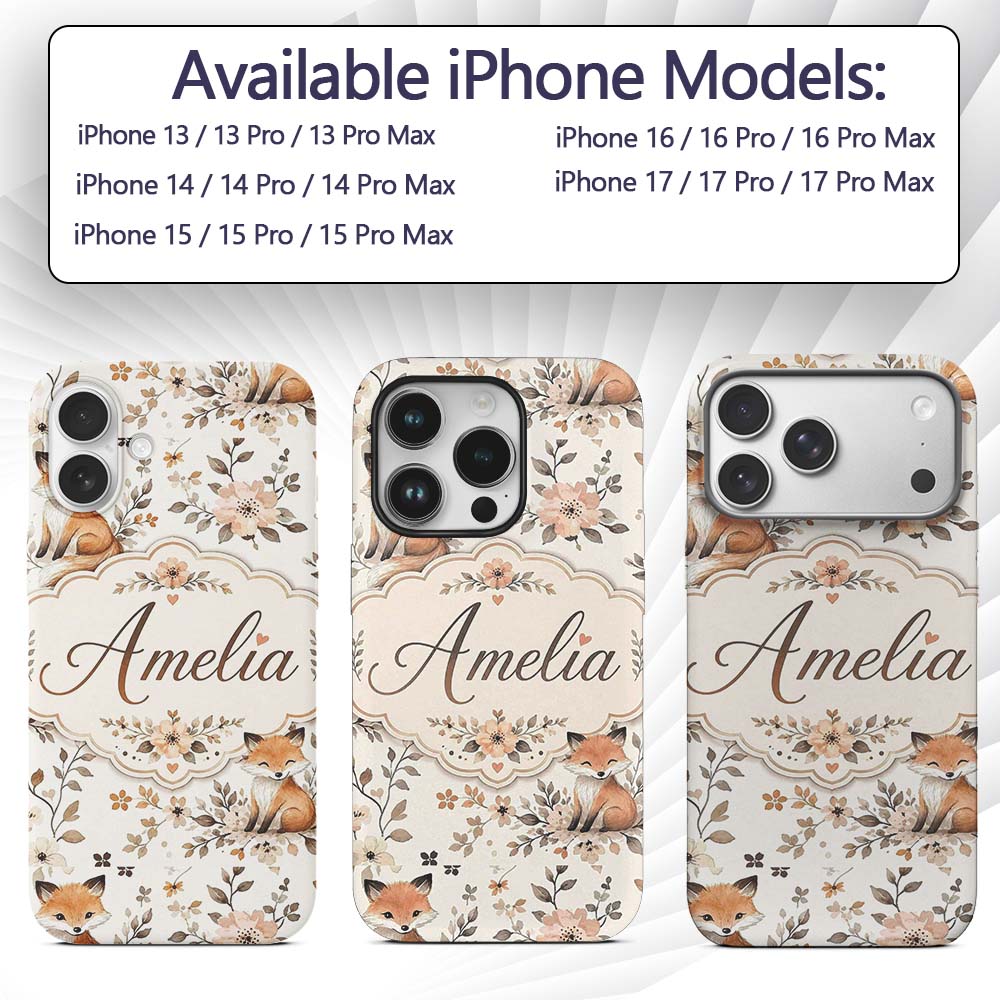 Cute Watercolor Fox with Floral Leaves Seamless Custom Name Protective Phone Case Mobile Cover Durable Everyday Smartphone Shock Resistant