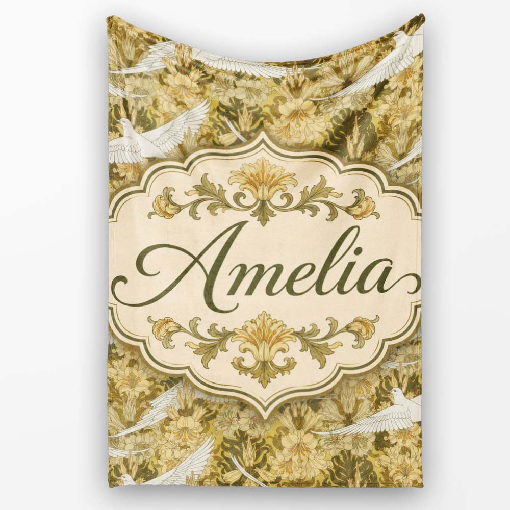 Elegant White Doves with Vintage Floral Background Seamless Pattern Personalised Custom Name Super Soft Fleece Blanket Bed Sofa Throw