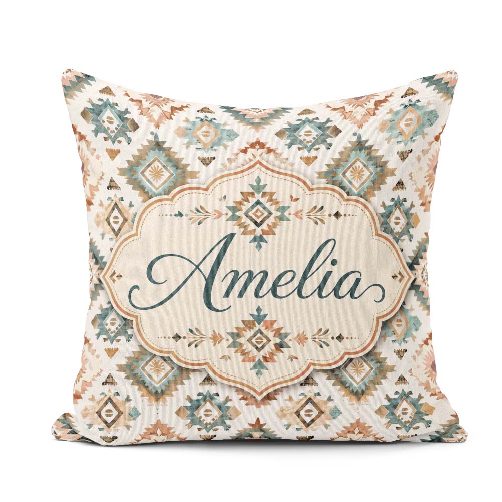Custom Name Soft Pastel Aztec Watercolor Seamless Pattern Lovely Square Filled Cushion Throw Pillow Sofa Bed Home Decor Zip Washable UK Made