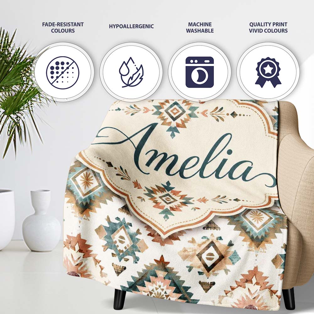 Soft Pastel Aztec Geometric Watercolor Seamless Pattern Lovely Personalised Custom Name Super Soft Fleece Blanket Bed Sofa Throw