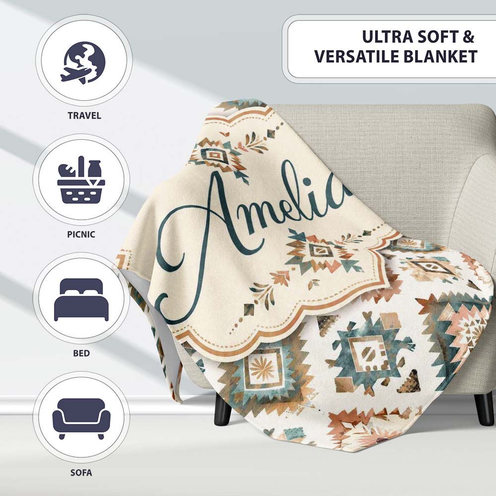 Soft Pastel Aztec Geometric Watercolor Seamless Pattern Lovely Personalised Custom Name Super Soft Fleece Blanket Bed Sofa Throw