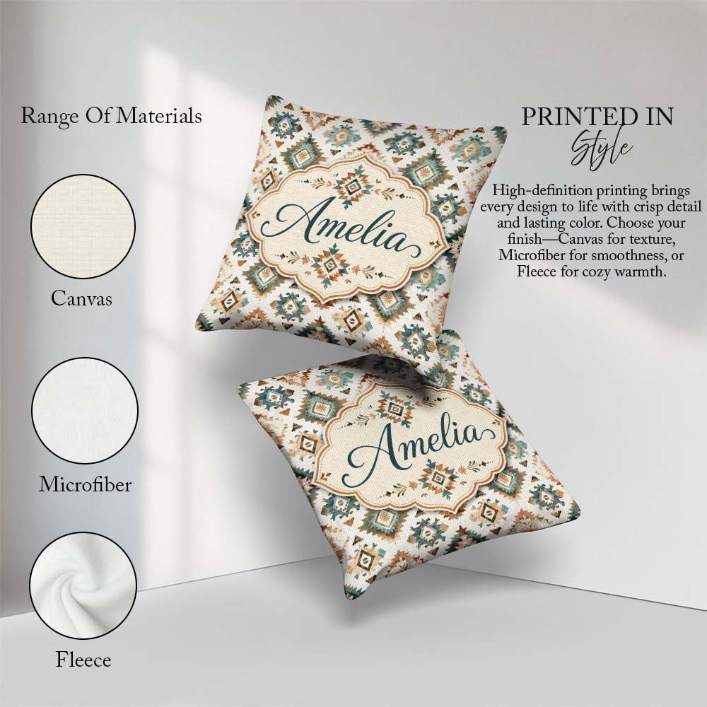 Custom Name Soft Pastel Aztec Watercolor Seamless Pattern Lovely Square Filled Cushion Throw Pillow Sofa Bed Home Decor Zip Washable UK Made