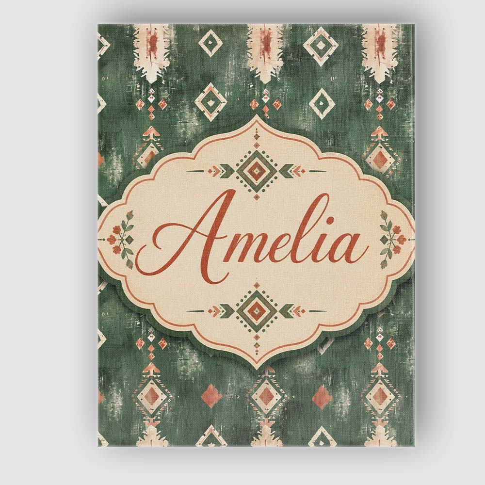 Personalised Name Rustic Green Tribal Ikat Custom Unique Gift Idea Elegant Feature Canvas Wall Art Print Decor Picture Ready to Hang