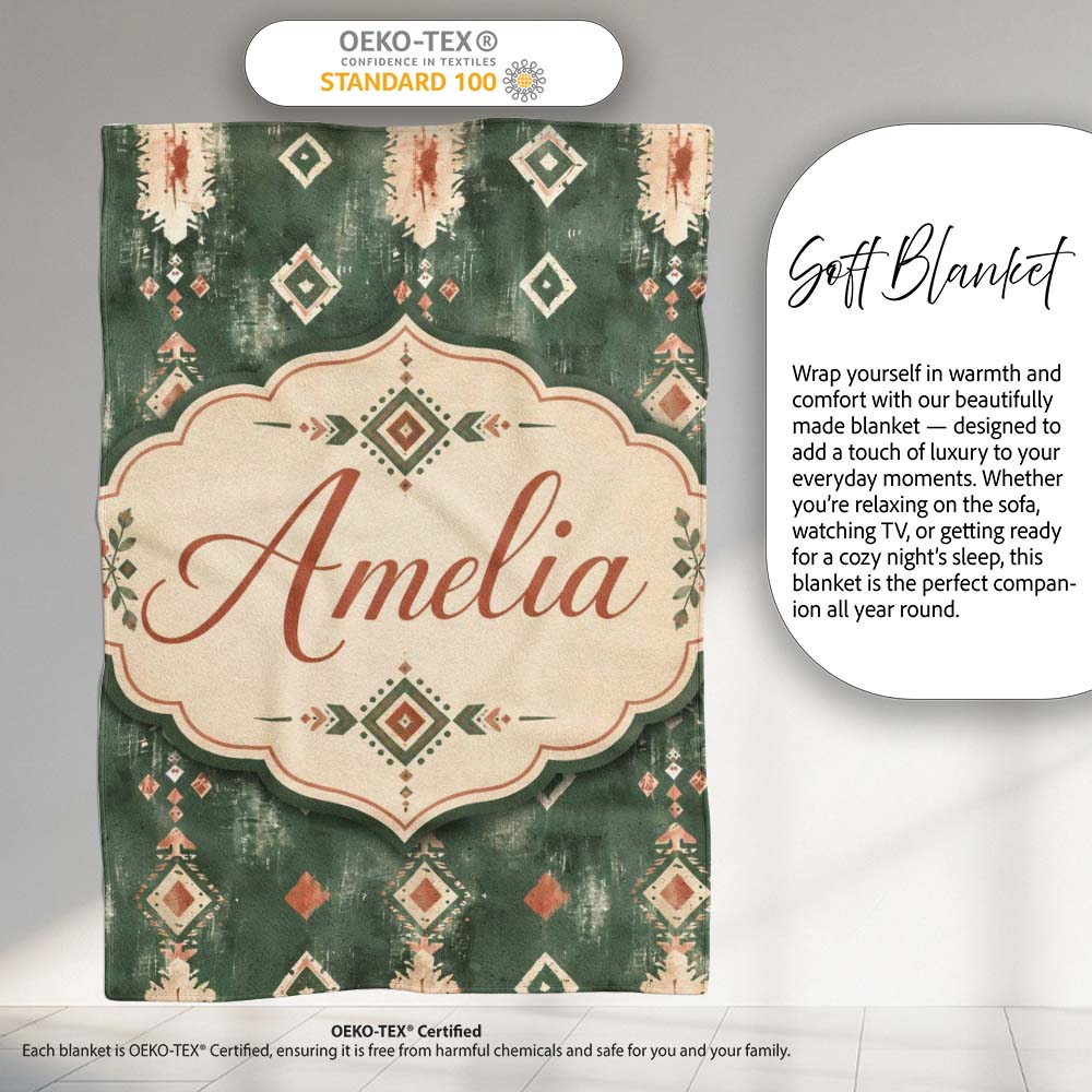 Rustic Green Tribal Ikat Geometric Seamless Pattern Cute Unique Gift Personalised Custom Name Super Soft Fleece Blanket Bed Sofa Throw