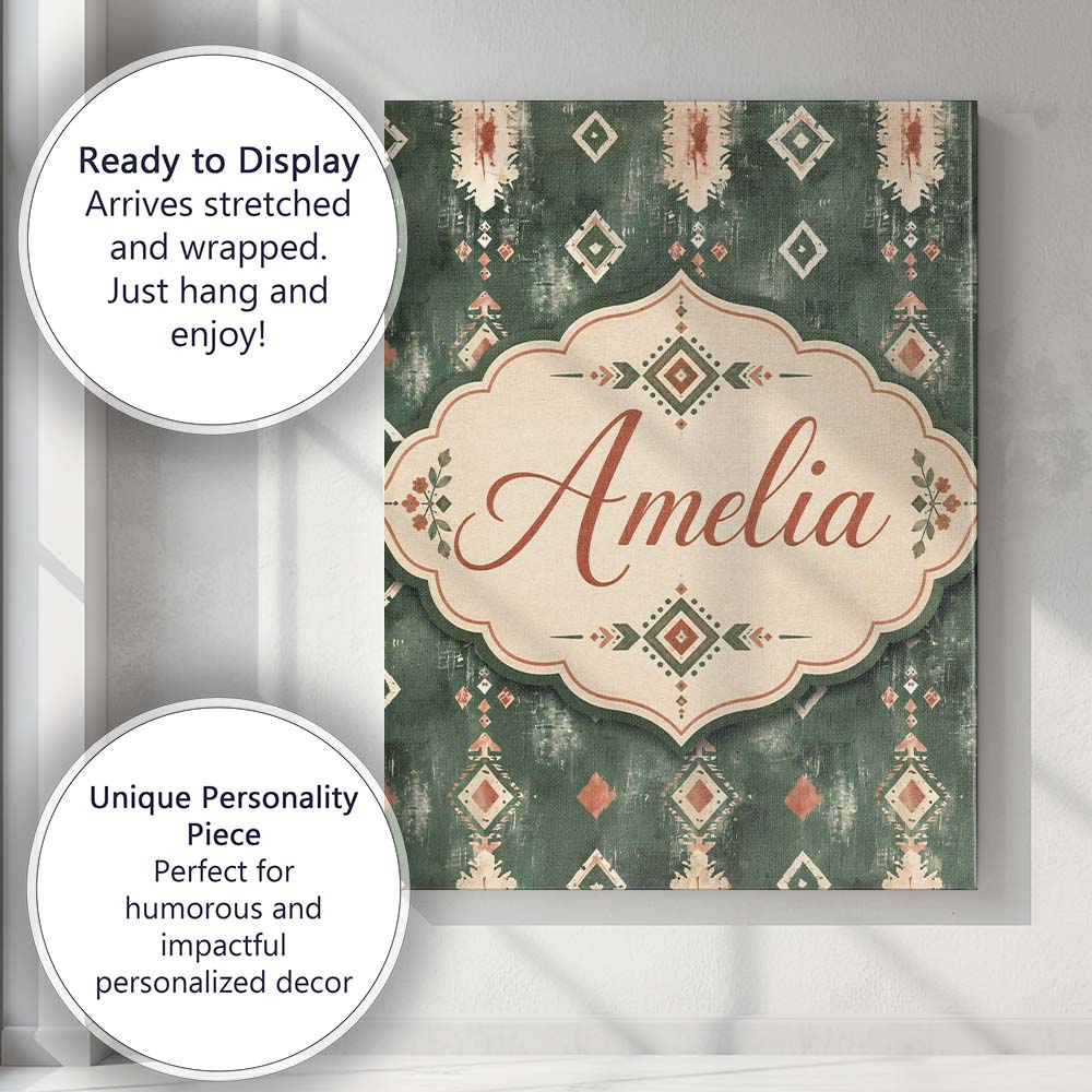 Personalised Name Rustic Green Tribal Ikat Custom Unique Gift Idea Elegant Feature Canvas Wall Art Print Decor Picture Ready to Hang