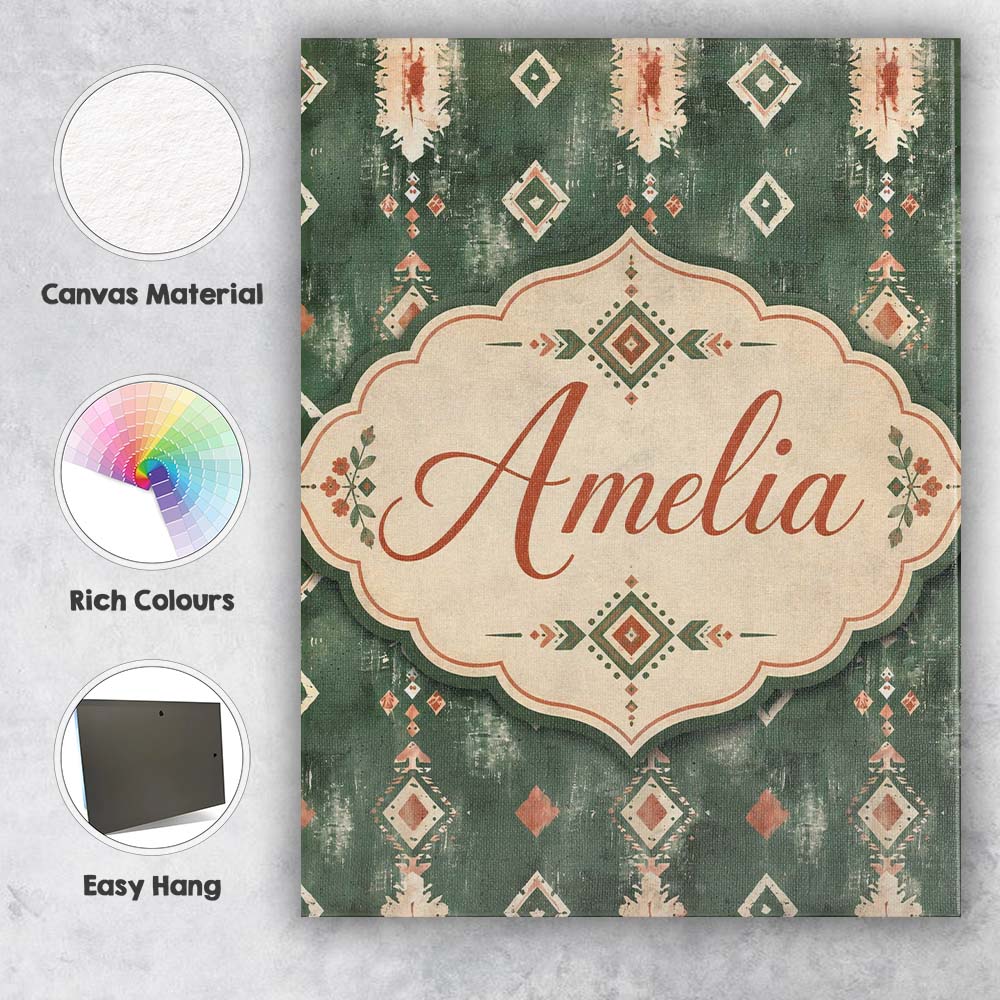 Personalised Name Rustic Green Tribal Ikat Custom Unique Gift Idea Elegant Feature Canvas Wall Art Print Decor Picture Ready to Hang