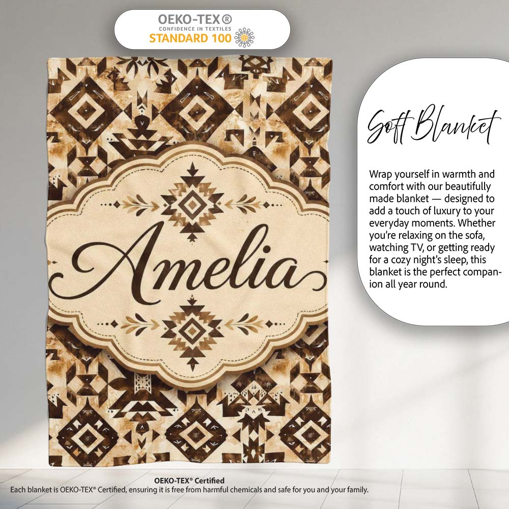 Vintage Brown Tribal Aztec Ornamental Seamless Pattern Lovely Personalised Custom Name Super Soft Fleece Blanket Bed Sofa Throw