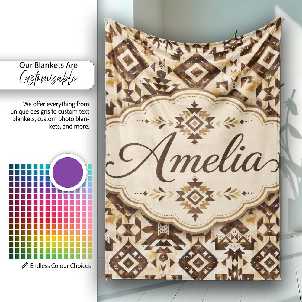 Vintage Brown Tribal Aztec Ornamental Seamless Pattern Lovely Personalised Custom Name Super Soft Fleece Blanket Bed Sofa Throw