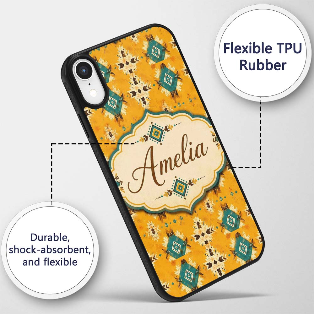 Bold Yellow and Teal Aztec Decorative Design Custom Name Protective Phone Case Mobile Cover Durable Everyday Smartphone Shock Resistant