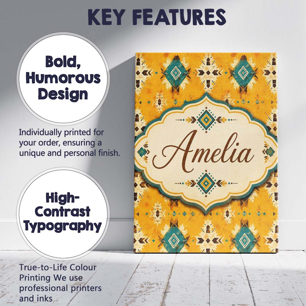 Personalised Name Bold Yellow and Teal Custom Modern Room Accent Elegant Feature Canvas Wall Art Print Decor Picture Ready to Hang
