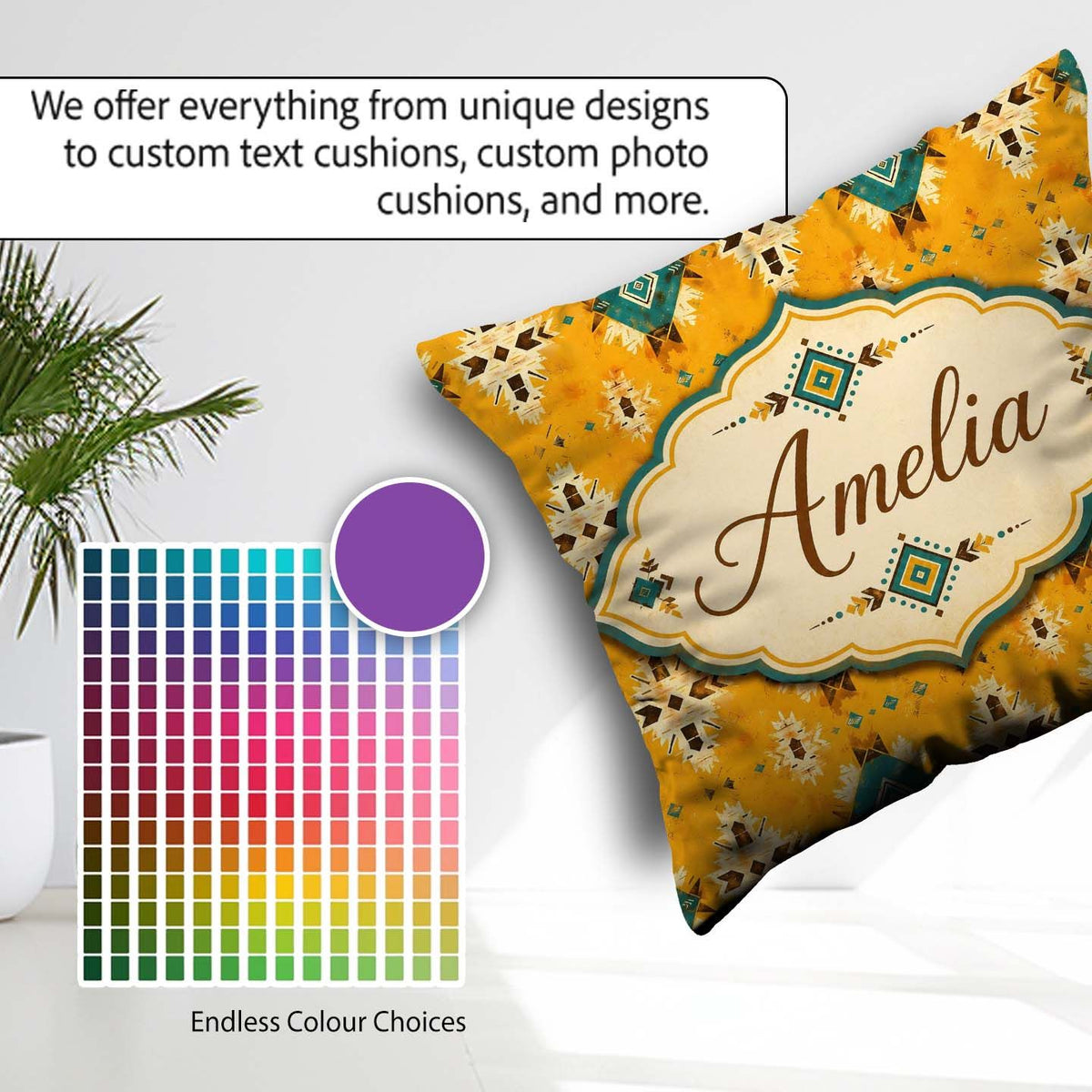 Custom Name Bold Yellow and Teal Aztec Geometric Tribal Seamless Square Filled Cushion Throw Pillow Sofa Bed Home Decor Zip Washable UK Made