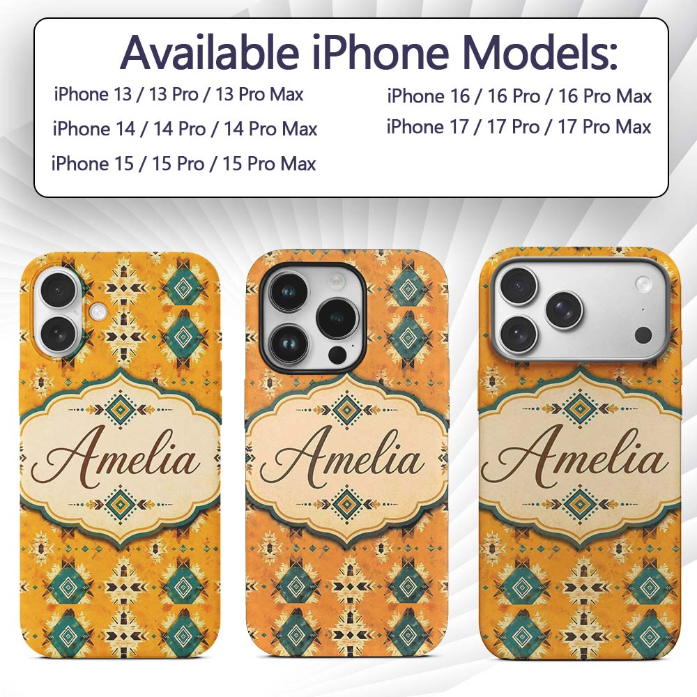 Bold Yellow and Teal Aztec Decorative Design Custom Name Protective Phone Case Mobile Cover Durable Everyday Smartphone Shock Resistant