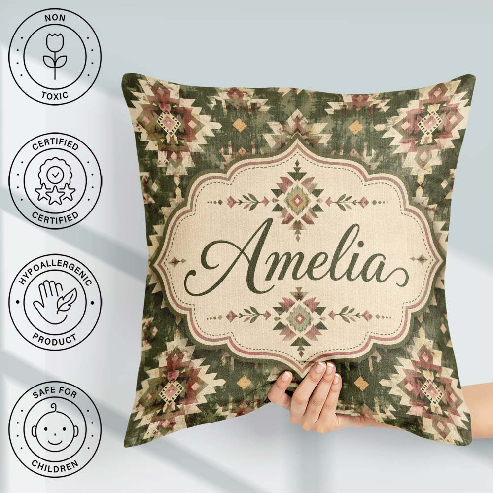 Custom Name Green and Pink Tribal Aztec Geometric Pattern Lovely Square Filled Cushion Throw Pillow Sofa Bed Home Decor Zip Washable UK Made